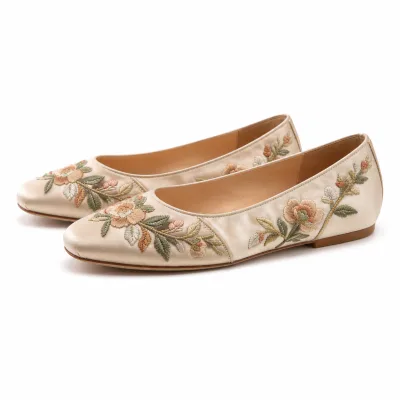 Wholesale Womens Floral Embroidered Satin Ballet Flats Square Toe Wedding Casual Shoes OEM ODM Ladies Footwear Manufacturer 2026