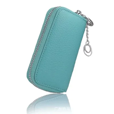 For Blue Genuine Cowhide Handmade Full Grain Leather Zipper Key Case Pouch Metal Key Ring Eco-Friendly Multi-functional Car