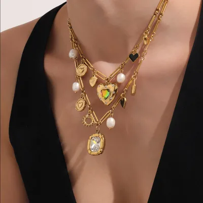 Tarnish Free Stainless Steel 18K Gold Plated Trendy Chains Square Zircon DIY Accessories Star Heart Freshwater Pearl Pendant
