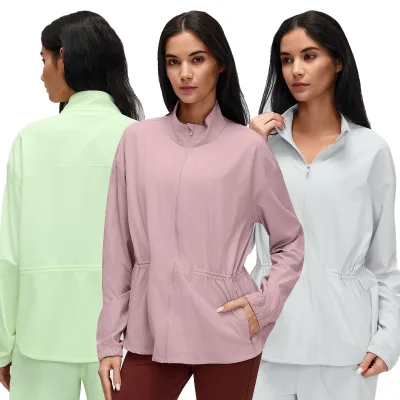 Women's Stand Collar Comfortable Unrestrained Casual Sports Jacket with Zipper Pockets and Inner Chest Pocket Elastic Waist