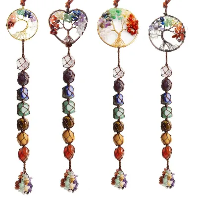 Bestone Handmade Crystal Car Hanging Ornaments Tree of Life 7 Chakra Home Decoration Feng Shui Car Ornament