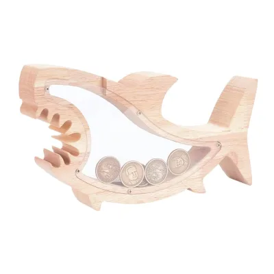 Unique Shark Shaped Money Savings Box Gift Wooden Coin Money Bank