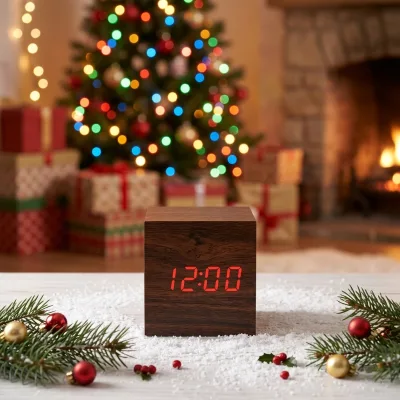 Wooden Digital Alarm Clock 12/24H Dimmer 2 Alarm Settings 9 Mins Snooze Temperature Display Backlight Calendar for Desk Table
