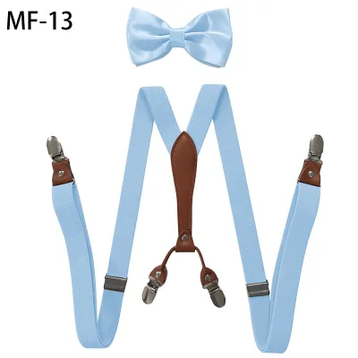 Unisex Y-Back 4 Clips Solid Suspenders with Matching Satin Bow Tie Set 2.5 cm Elastic Suspender Belt Wedding Formal Accessory