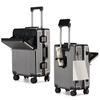 Wholesale New Aluminum Frame Carry On Luggage Set Front Storage Compartment Cup Holder Side Hook Suitable for Business Trip