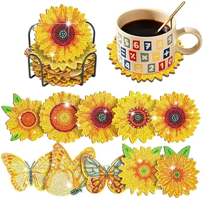 10 Pcs Yellow Colorful Sunflower and butterfly Diamond Painting Coasters Kits with Holder