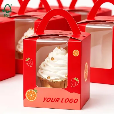 Red Thick Cardboard Single Cupcake Boxes with Handle & Window, Multi-Size Custom Printed Food Grade Disposable Containers