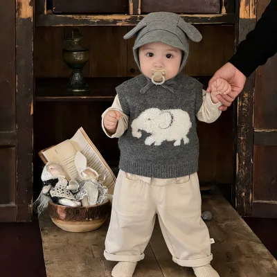 Super Cute Baby Boy Early Spring Acrylic Knitted Animal Cartoon Three-Piece Set Vest Base Shirt Casual Pants