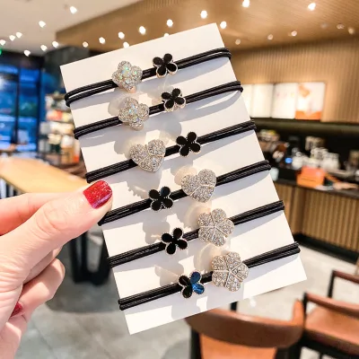 Cute Sweet Temperament Girl Headwear Color High Elastic Durable Head Rope Rhinestone Love Four-leaf Clover Scrunchie for Girls