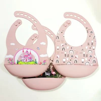 Selling Reasonable Price Flower Food Safe Silicone Adult Bibs Large Pouch With Dot Animals Bpa Free Babies Feeding Set Snap