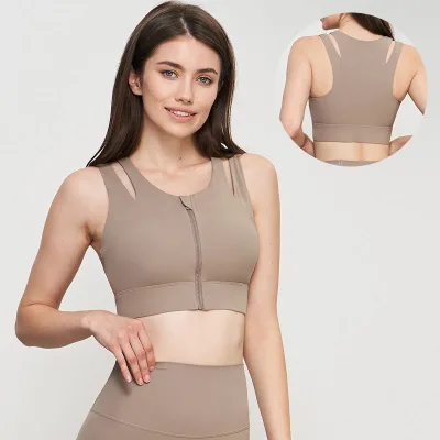 Gym Fitness High Support Impact Shockproof Front Zipper Fixed Pads Sports Training Activewear Bra Top Workout Exercise for Women