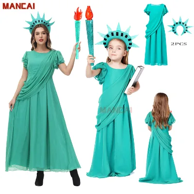 Mom&Kid's Liberty Costume Roman Robe Halloween Party Cosplay Ancient Greek Goddess Green Dress for Girl Halloween Costume