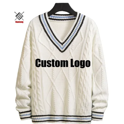 Male Custom Cable Knitted Cricket V Neck Pullover Oversize Mens Knit Sweater