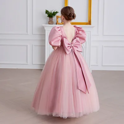FSMKTZ Exclusive Girls Piano Evening Beach Satin Bow Cap Sleeve Puffy Princess Dress Birthday Party Children Flower Dresses