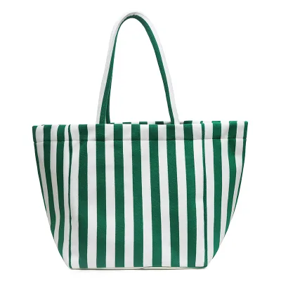 Large Round Handle Striped Towel Cloth Tote Bag with Zipper Pocket, Beach Travel Shopping Handbag