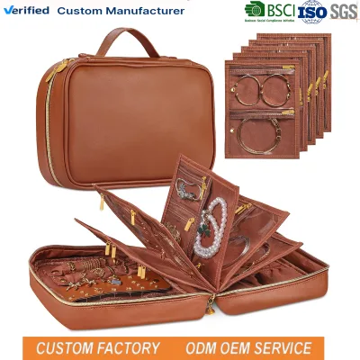 Leather Jewelry Storage Book Binder with Clear Zipper Pouch & Lining-Portable Jewelry Bag for Earrings Rings Necklaces Bracelets