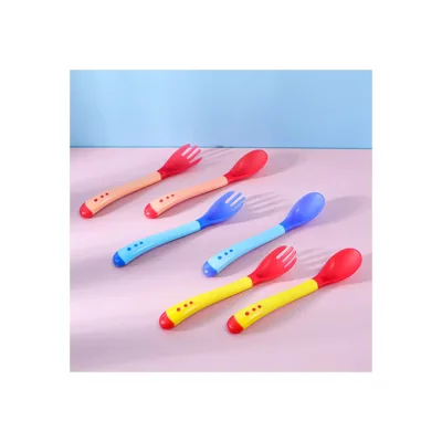 Wholesale New Design Style Baby Temperature Sensitive Fabric Color Changed Soft Head Spoon and Fork