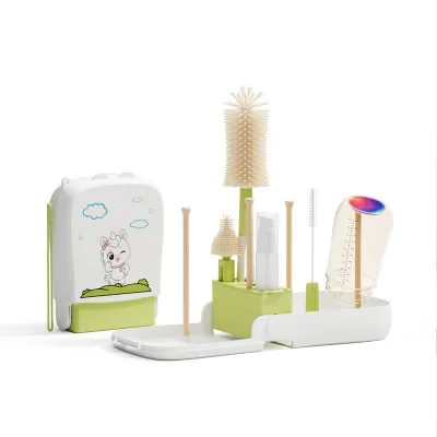 Portable Baby Nipple Cleaning Brush Set with Storage Drain Rack, Travel Silicone Bottle Brush Cleaner Kit for Infants