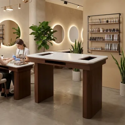 Customized Fashionable Light Luxury High-end Brown Nail Art Table, White Marble Top Nail Art Table, Beauty Salon Furniture