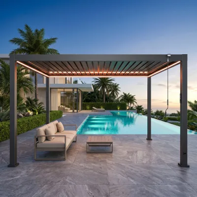 Rustproof Full Alloy Frame Louver Pergola Color LED Light Inserted Compact Courtyard Canopy