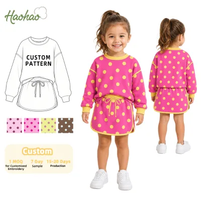 Customizable Kids Clothing Polka Dot Nylon Spandex Long Sleeve Top Skort Children Toddler Girls 2PCS Outfit
