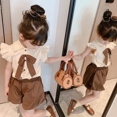 Korean Fashion 2pcs Summer Girl's Casual Costumes Sweet Style Sleeveless Top Pants Bow Fabric for 1-6 Years Kids' Clothing