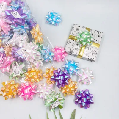 2.5 Inch Plastic Iridescent Ribbon Bows with Self-Adhesive Sticker Rainbow Ribbon Star Bows Party Decoration