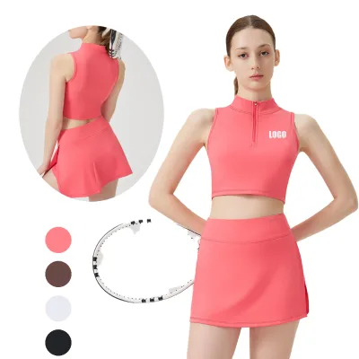 Summer Half Zipper Removable Padded Sleeveless Tennis Wear Set  Athletic Workout Quick Dry Yoga Set