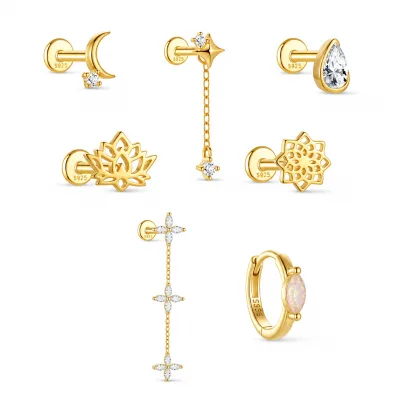 Professional "Gilded Celestial" Piercing Studs - 18K Gold Plated S925 Internally Threaded Flat Back for Boutique Branding