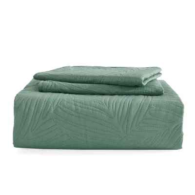 2 Piece Bedding Green Leaf Pattern Microfiber Bed Pread Quilt Coverlet Bed Cover Set