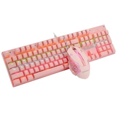 New Product Factory Wholesale 104 Keys Wired Pink Color 1600 DPI Mechanical Keyboard Mouse Combo