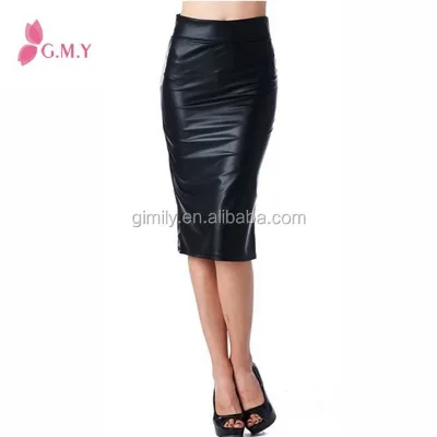 High Waist Stretch Basic Below Knee Pencil Skirt, Black Women Leather Skirt