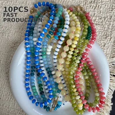 Multicolor Custom Minimal Natural Stone Necklace Round Rainbow Gemstone Seed Bead Spacers Bohemian Jewelry for Vacation Style