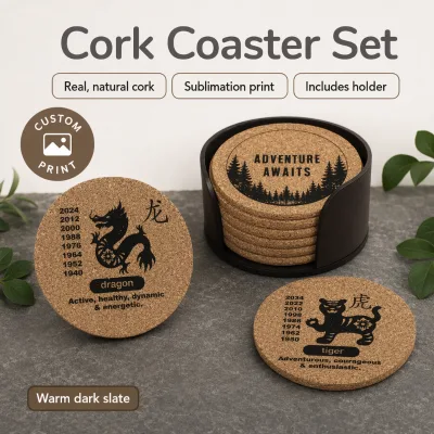 New Arrival Custom Cute Sublimation Cork coaster Set for Water Bottle Drink Cup Mat with Holder
