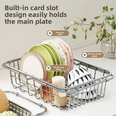 Stainless Steel Over Sink Colander Telescopic Removable Strainers Non-slip Pads Rectangular Expandable Dishwasher Safe Kitchen