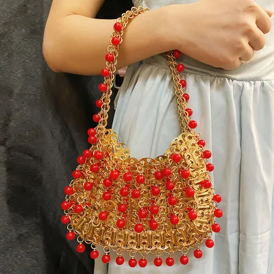 New Year Golden Shimmering Dazzling Sequin and Bead Hand-Woven Open Street Fashion Tote Bag