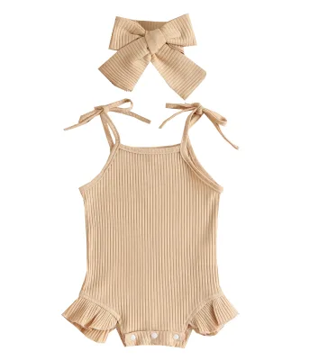 Girls' Solid Pattern Cotton Summer Jumpsuit Casual Ribbed Sleeveless Baby Climbing Suit