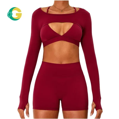 Joyyoung Solid Plus Size Yoga Set 3-Piece Sportwear High Waist Leggings Long Sleeve Breathable Quick Dry Gym Fitness Women