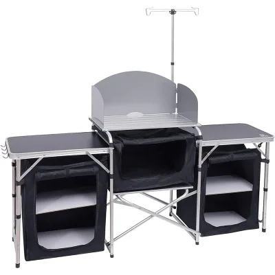 Camping Kitchen Fold Table Upgrade Light Stand and Windscreen Cooking Station and 3 Organizers for Outdoor Beach BBQ Picnic Cook