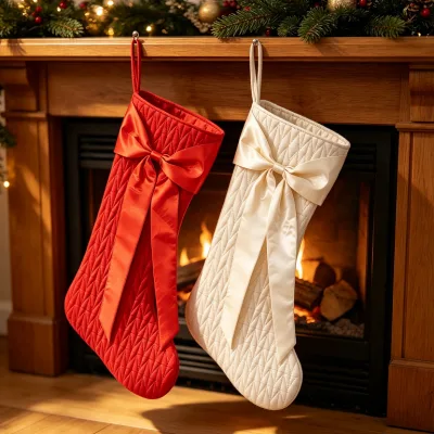 Luxury Quilted Ultra Soft Fabric Christmas Stocking with Satin Bow Eco-Friendly Classic Hanging for Fireplace Home Holiday Decor
