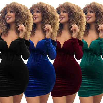 2024 Spring Women's Velvet Mini Dresses Bodycon Long Sleeve Thin Straps Vintage Off Shoulder Ruched Party Casual Bodycon Dress