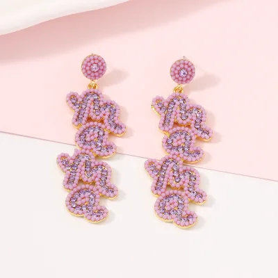 Go Party Mother's Day Fashion Pearl Drop Earrings Colorful Crystal Rhinestone Beads Earrings Letters Mama Earrings for Women