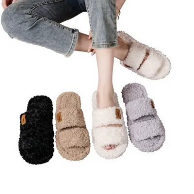 For Fluffy Womens Plush Home for Winter Thick-Soled Non-Slip Artificial Fur Lining Korean Style Cross-Border