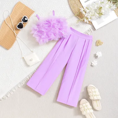Girls' Cotton Mesh Sleeveless Sling Vest Solid Color Flower Hot Pants European American Style Little Kids' Suit Summer Set