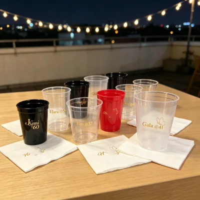 Flat Base Customize Print Logo Wedding Favor 9oz 12oz 16oz Frosted PP Plastic Party Cup for Event Black Napkin Baby Bride Shower