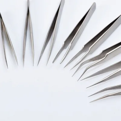 Wholesale Durable Microblading Supplies Slanted Pointed Curved Straight Stainless Steel Eyelash Tweezers Applicator Free Private