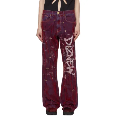 DIZNEW Printed Jeans Wine Red Purple Washed Wide Leg Graffiti Rune DIZNEW Logo Scatter Totem Print Gold Snap Unisex Custom OEM