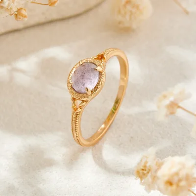 925 Sterling Silver 14K Gold Plated Vintage Milgrain Oval Light Purple Gemstone Finger Natural Labradorite Amethyst Ring