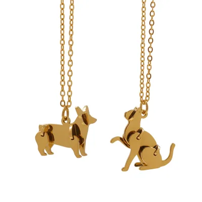 Cute Animal Cat Dog Corgi Blocks Pet Pendant Stainless Steel Gold Plated Jewelry