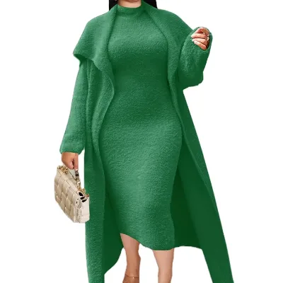 Plus Size Women Clothing Winter Outwear Long Sleeve Thick Overcoat With Dress Two Piece Ladies Large Matching Sets Fleece Suit